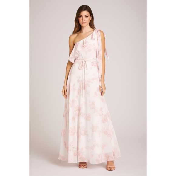 Marchesa Notte Dresses & Skirts - Marchesa Notte Bridesmaid Pink White Floral One Shoulder Flutter Sleeve Dress 6